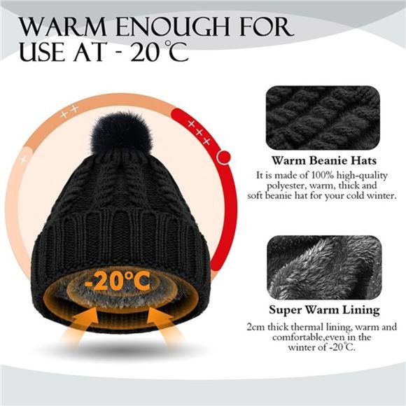 MooonGem Womens Winter Beanie Hats，Soft Black Beanie with Warm Lined main image 5